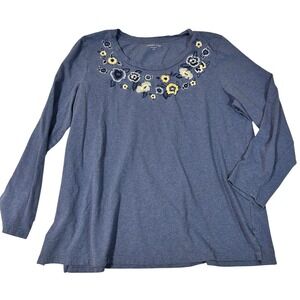 Coldwater Creek Womens XLP Blue Floral Embroidered Cotton Long Sleeve Knit Top